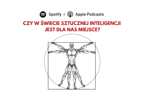 Grafika nawiązująca do rysunku "Człowiek witruwiański" autorstwa Leonarda da Vinci. Rysunek przedstawia figurę nagiego mężczyzny-robota w dwóch nałożonych na siebie pozycjach, wpisaną w okrąg i kwadrat. U góry napis: "czy w świecie sztucznej inteligencji jest dla nas miejsce?".