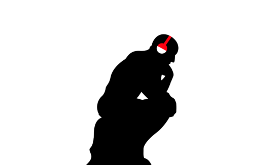 Obrazek prezentuje przetworzenie motywu znanego z rzeźby A. Rodina "Myśliciel", gdzie siedząca, zamyślona postać ma dodatkowo na głowie biało-czerwone słuchawki.