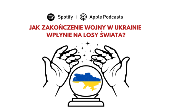 Ręce wyciągnięte nad szklaną kulą (symbolem wróżenia, przepowiadania przyszłości). Wewnątrz szklanej kuli kontur Ukrainy wypełniony kolorystyką ukraińskiej flagi. U góry pytanie: "Jak zakończenie wojny w Ukrainie wpłynie na losy świata?".