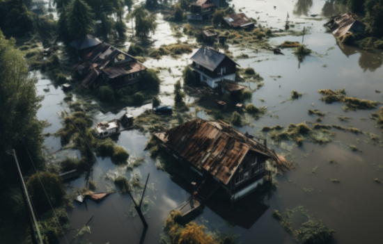Niewielkie miasto zalane przez lokalną powódź, grafice towarzyszy napis "Woda - wyzwanie i lokalne i globalne".