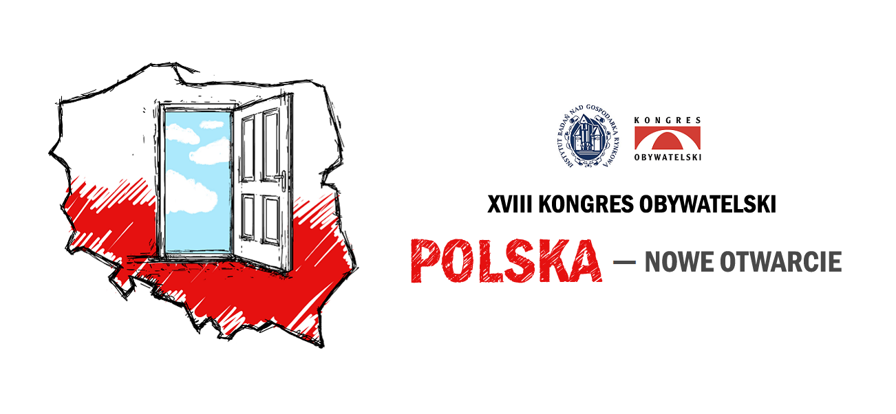 Konturowe wyobrażenie mapy Polski w narodowych barwach, na środku otwarte na oścież drzwi za którymi widać błękitne niebo i niewielkie chmury. Obok napis: XVIII Kongres Obywatelski "Polska - nowe otwarcie" oraz logotypy: Kongresu Obywatelskiego oraz Instytutu Badań nad Gospodarką Rynkową