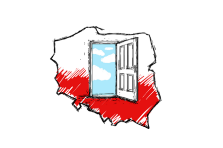 Konturowe wyobrażenie mapy Polski w narodowych barwach, na środku otwarte na oścież drzwi za którymi widać błękitne niebo i niewielkie chmury.