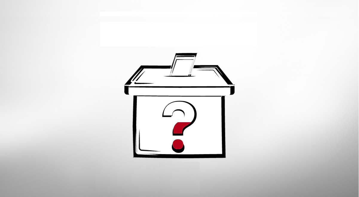 Urna wyborcza z biało-czerwonym znakiem zapytania.