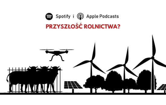 Sad i pastwisko otoczone przez farmę wiatrową i solarną. Nad głowami krów leci dron. U góry pytanie: "Przyszłość rolnictwa?".