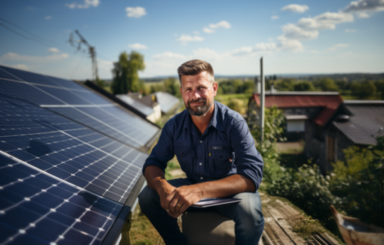 Energetyk podłączający na dachu panele fotowoltaiczne, wokół widoczna panorama niewielkiego miasta.