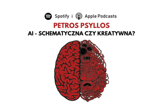 Symboliczne przedstawienie ludzkiego mózgu, którego połowę tworzą swoje kabli, chipów i przełączników. U góry napis "Petros Psyllos. AI - schematyczna czy kreatywna?"