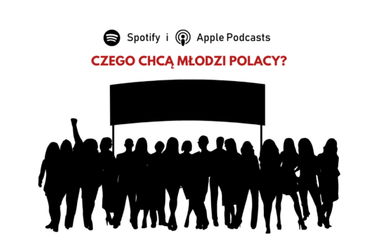 Konturowe przedstawienie grupy młodych osób niosących transparent. Nad grupą osób pytanie: "Czego chcą młodzi Polacy?".