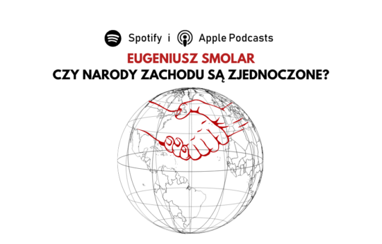 Symboliczne przedstawienie kuli ziemskiej, w miejscu Europy i USA nałożony symbol uściśniętych rąk (zgoda, porozumienie, współpraca). Nad obrazkiem pytanie: czy narody Zachodu są zjednoczone?