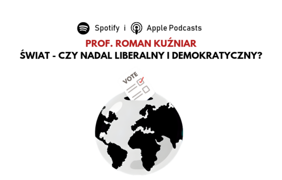 Rysunek prezentuje schematyczny globus, a zarazem urnę wyborczą, do której ktoś wrzuca głos. Nad obrazkiem pytanie: "Świat - czy nadal liberalny i demokratyczny?"