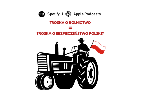 Rolnik jadący na traktorze, trzymający biało-czerwoną flagę. U góry pytanie: czy troska o rolnictwo równa się trosce o bezpieczeństwo Polski?