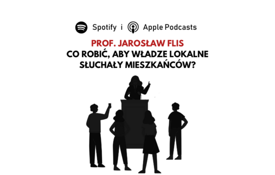 Osoba przemawiająca z mównicy otoczona przez grupę osób. Nad obrazkiem pytanie: "Co robić, aby władze lokalne słuchały mieszkańców?"