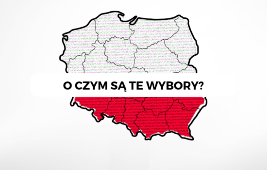 Konturowa mapa Polski w kolorystyce biało-czerwonej, na środku pytanie "O czym są te wybory?".