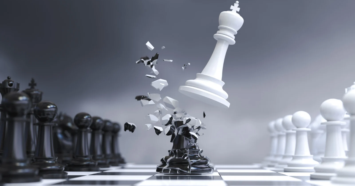 Polska wobec geopolityki siły i technodominacji - obrazek prezentuje pojedynek szachowy, w którym jedna z figur rozbija drugą